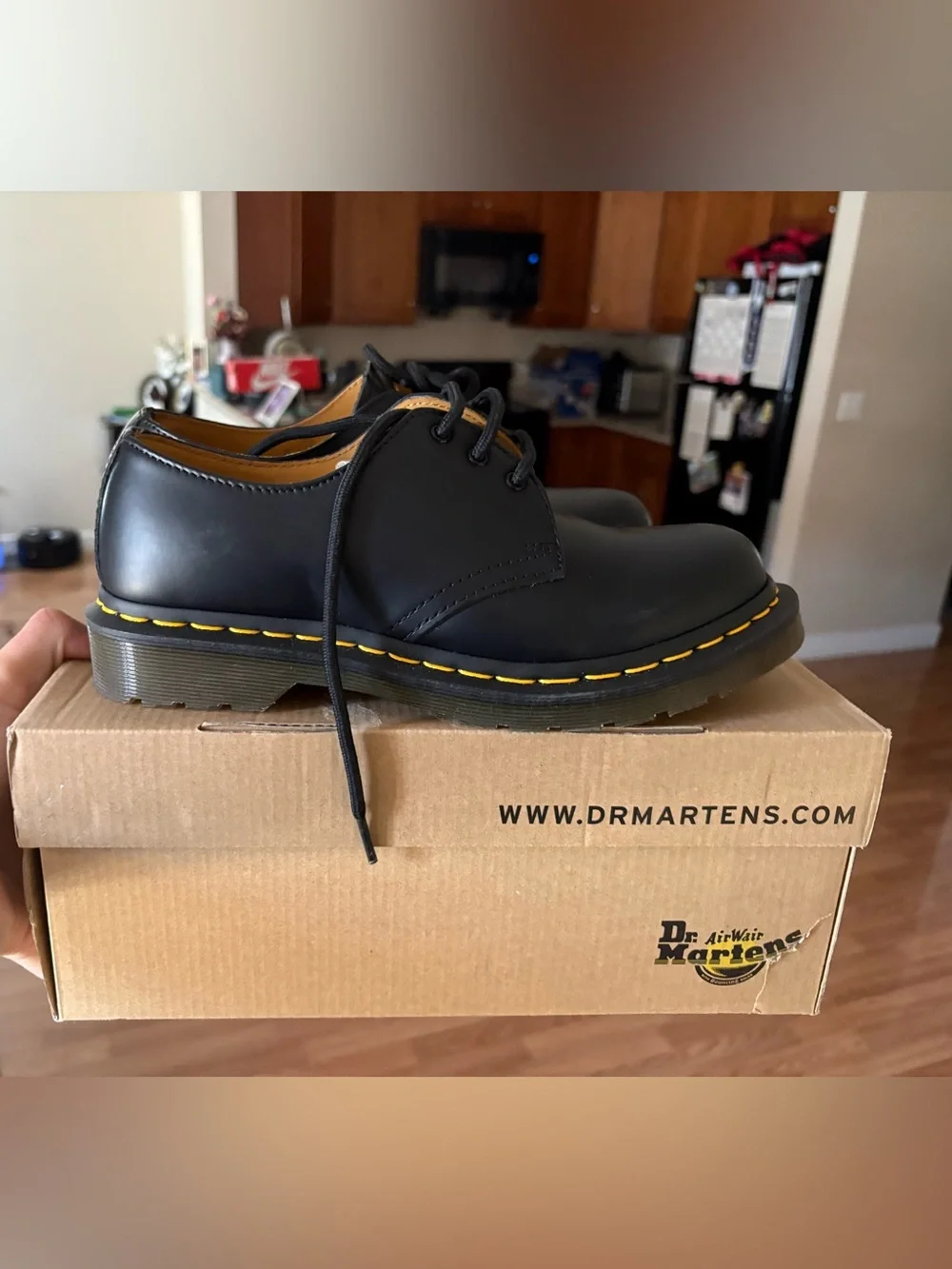 Dr. Martens Black Leather 3-Eye Derby with Yellow Stitching